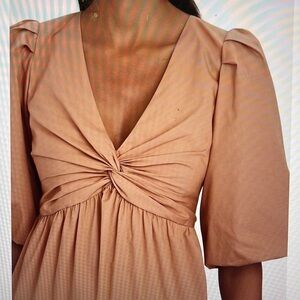 Intermix Twist Front Tiered Mini Dress Puff Sleeve 100% Cotton Tan Size 8